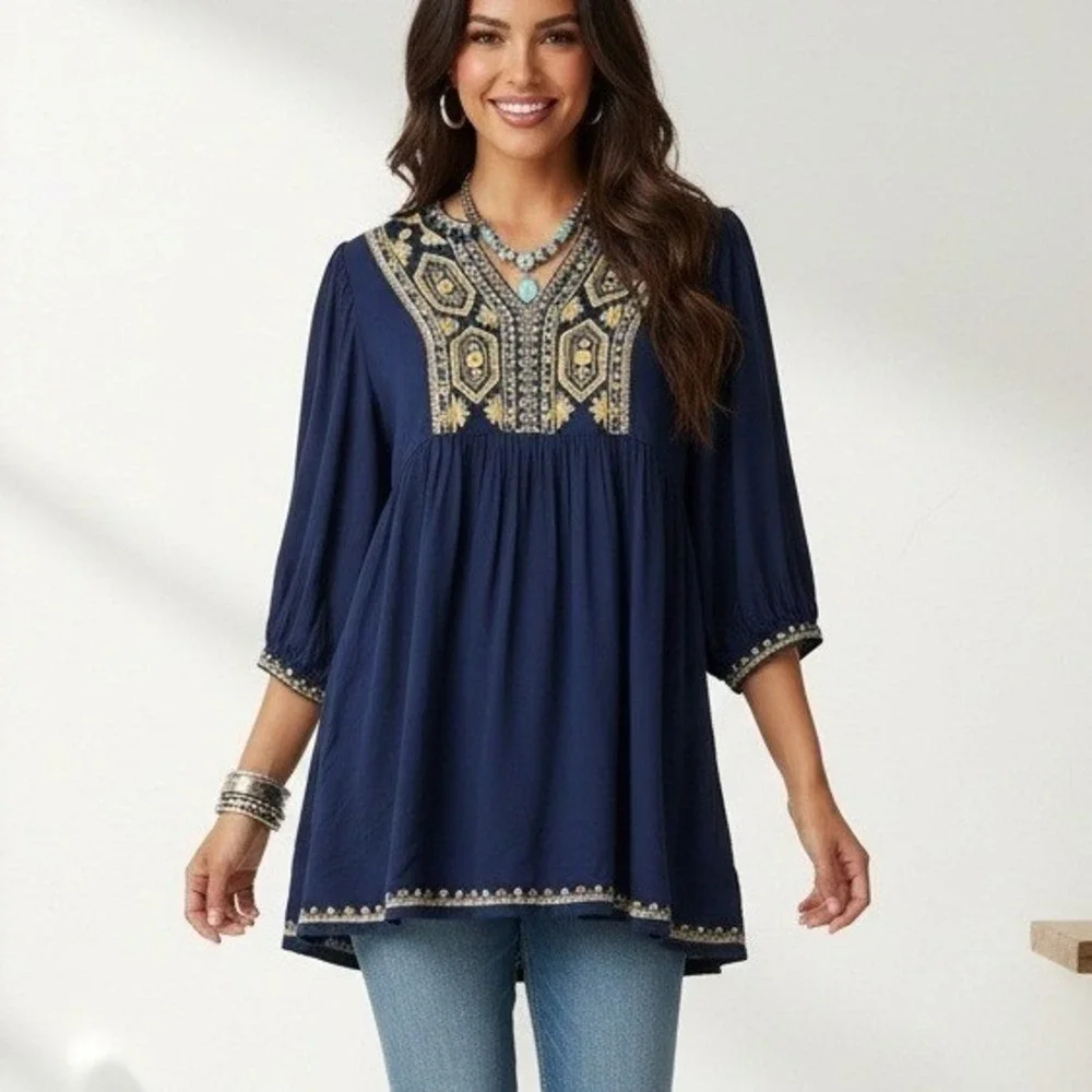 Solitaire Medium Blue‎ Embroidered Rayon Peasant Dress Bohemian Festival